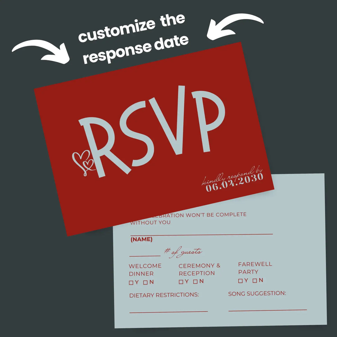 Retro Blue and Red RSVP Cards with Elegant Calligraphy - Premium Card Stock, 4x6 Inch