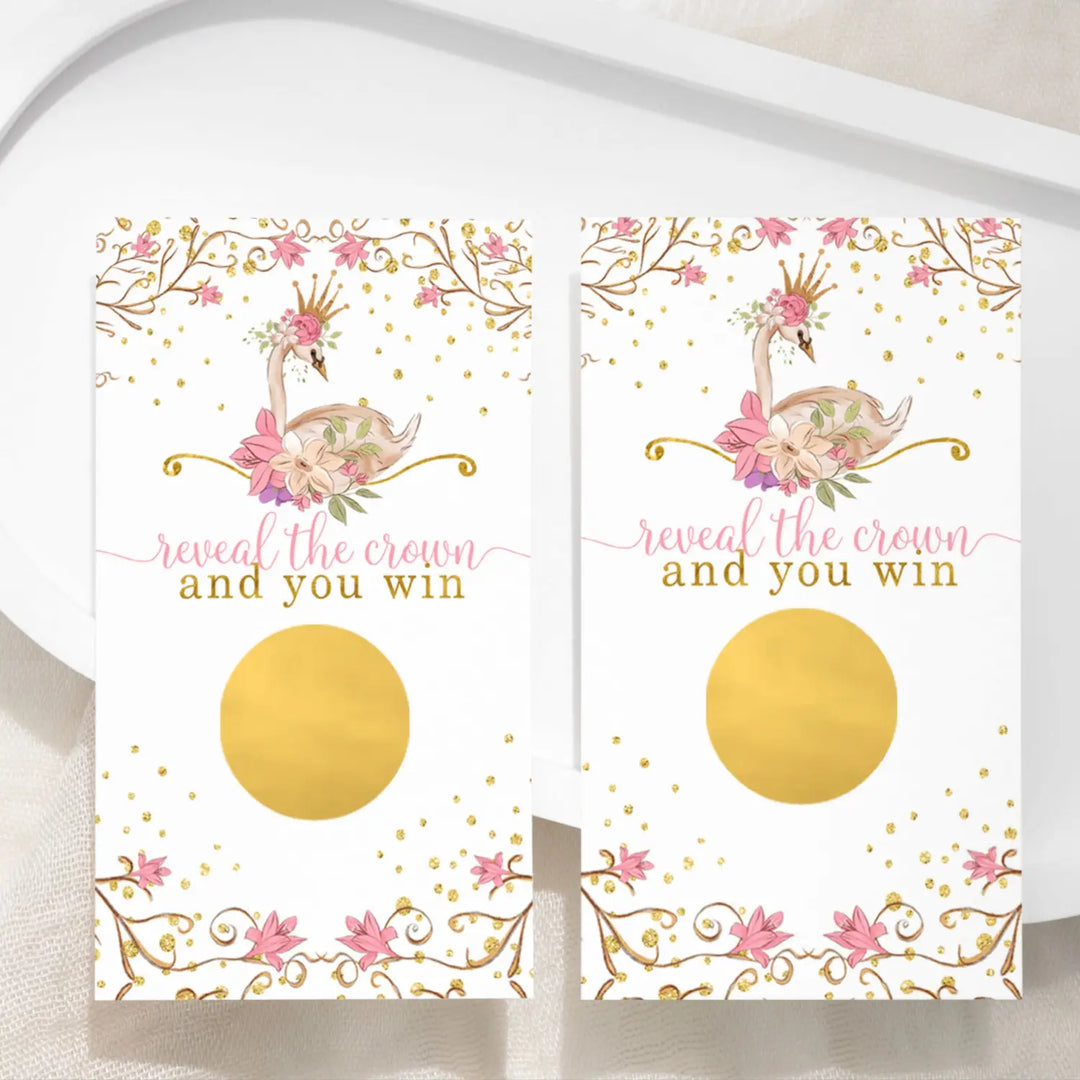 Swan Princess Baby Shower Games for Girl - 30 Cards - Fun Scratch Off Game Guest Activities to Reveal Prizes Favors Ideas Enchanting Theme Pink and Gold