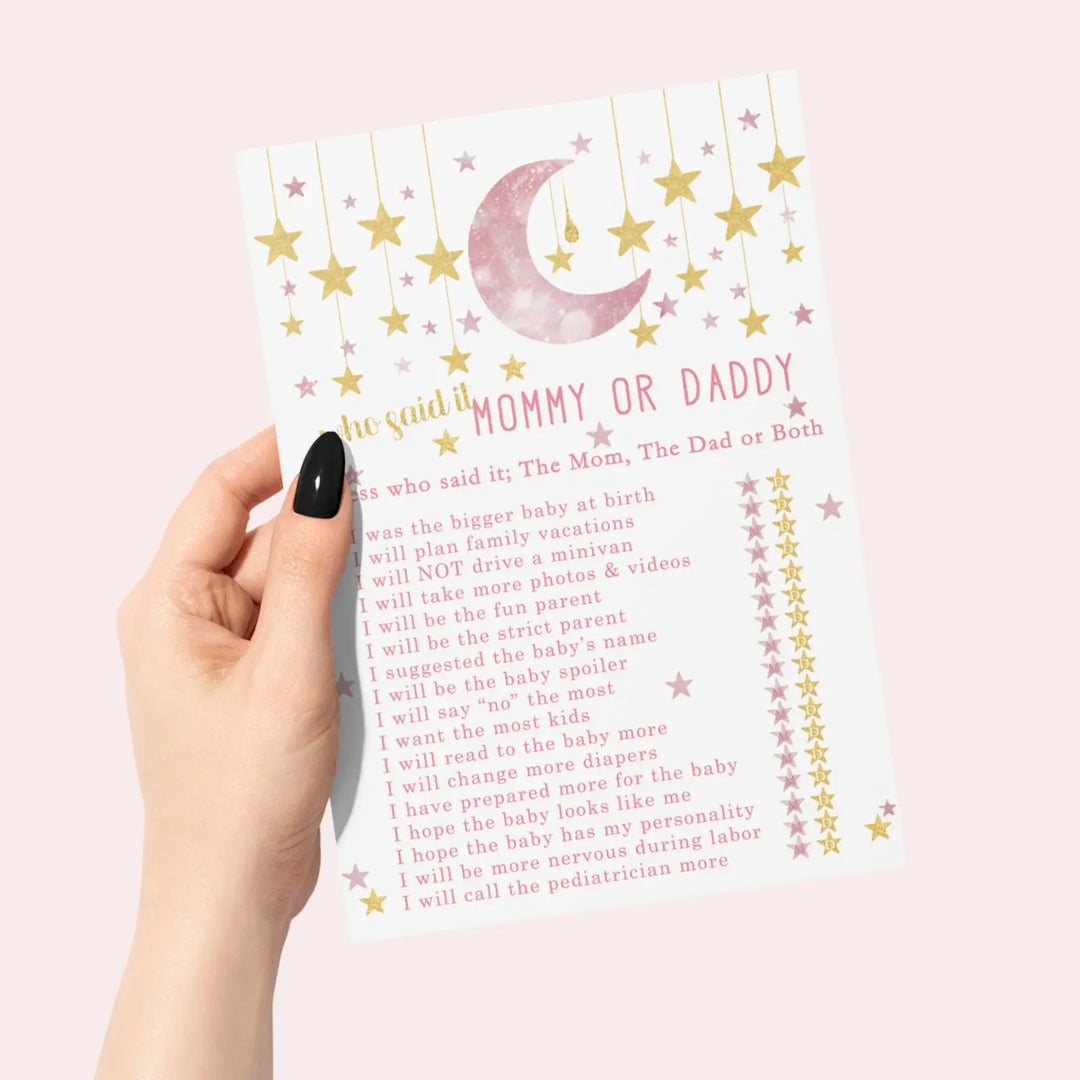 Twinkle Little Star Baby Shower Game Mommy or Daddy - 25 Pack Guess Who Activity Cards, Pink and Gold Celestial Moon Themed, 5x7 Set