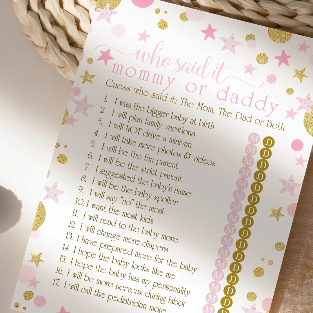 Pink and Gold Baby Shower Game Mommy or Daddy - 25 Pack Guess Who Activity Cards, Twinkle Little Star Princess Themed, Printed 5x7 Set