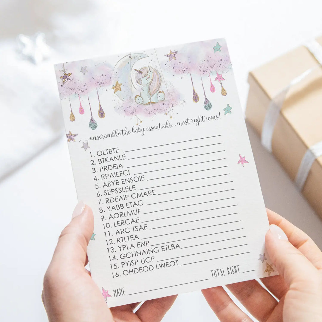 Unicorn Baby Shower Games Word Scramble - 25 Cards, Fun Unscramble Activities for Girl Baby Shower Decorations and Favors