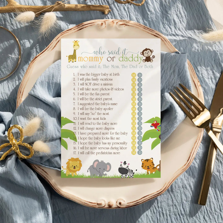 Cute Jungle Baby Shower Game Mommy or Daddy - 25 Pack Guess Who Activity Cards, Wild Safari Themed for Boys and Girls, Printed 5x7 Set