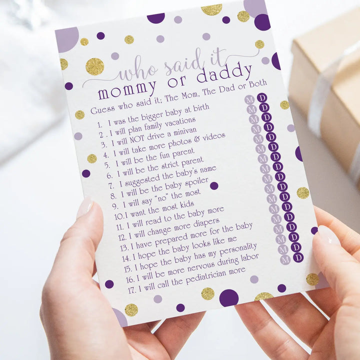 Purple and gold baby shower game mommy or daddy - 25 pack guess who activity cards royal princess star themed gender