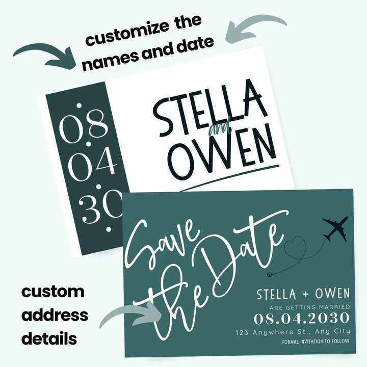 Custom teal black and creamy white save the date cards - personalized 4x6 inch invitations with elegant typography
