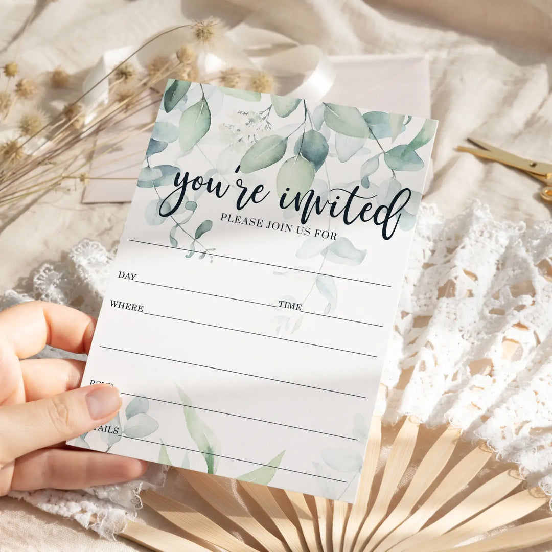 Greenery Bridal Shower Invitations with Envelopes, 25 Pack, Rustic Eucalyptus, 5x7 Blank Cards for All Occasions