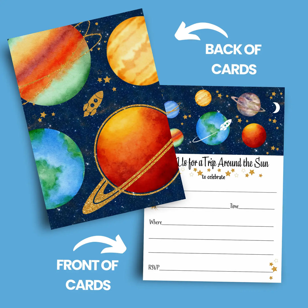 Around the Sun Party Invitations with Envelopes, 25 Pack, Space and Rocketship, 5x7 Blank Cards