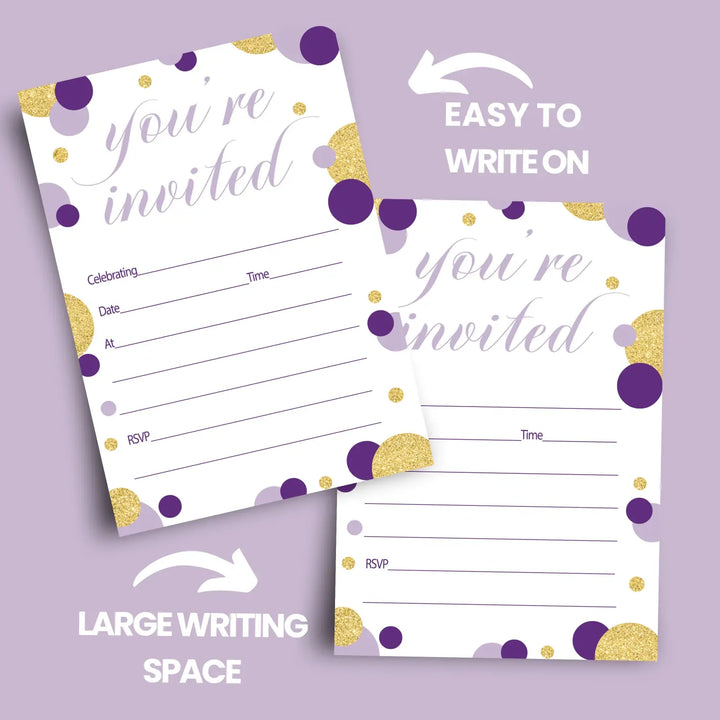 Purple and Gold Invitations with Envelopes (15 Pack)