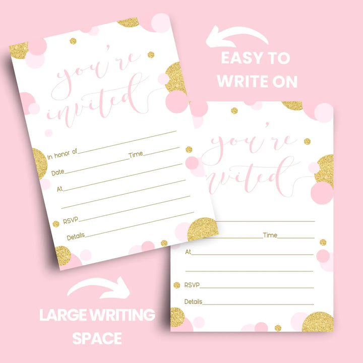 Pink and Gold Invitations with Envelopes (15 Pack)