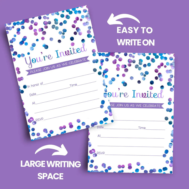 Purple Confetti Invitations with Envelopes (15 Pack)