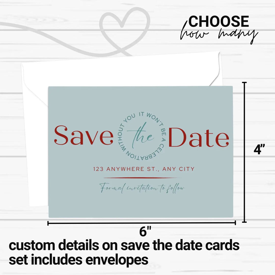 Custom Red and Blue Save the Date Cards - Personalized 4x6 Inch Invitations with Elegant Typography and White Envelopes - Perfect for Weddings, Birthdays, and Showers