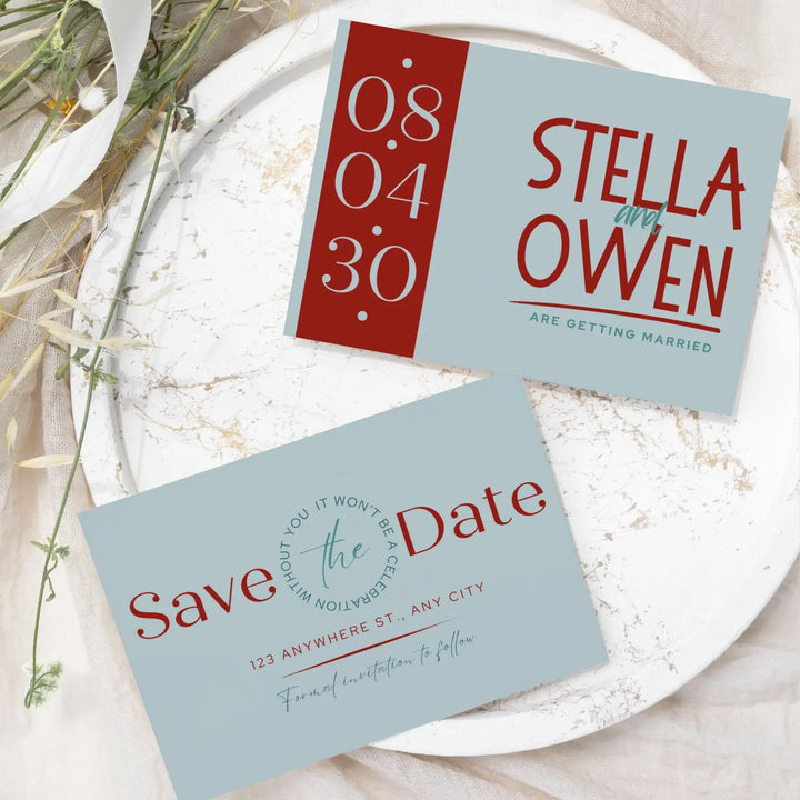 Custom Red and Blue Save the Date Cards - Personalized 4x6 Inch Invitations with Elegant Typography and White Envelopes - Perfect for Weddings, Birthdays, and Showers