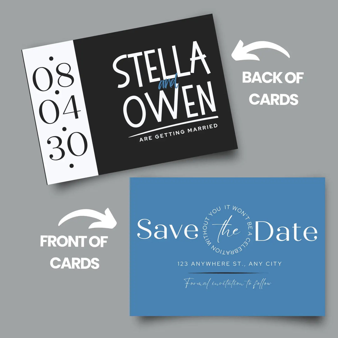 Custom Celestial Blue and Black Save the Date Cards - Personalized 4x6 Inch Invitations with Elegant Typography and White Envelopes - Perfect for Weddings, Birthdays, and Showers