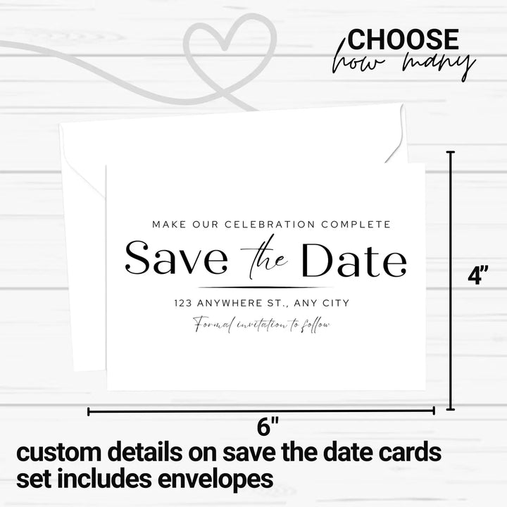 Custom Black and White Minimalist Save the Date Cards - Personalized 4x6 Inch Invitations with Elegant Typography and White Envelopes - Perfect for Weddings, Birthdays, and Showers