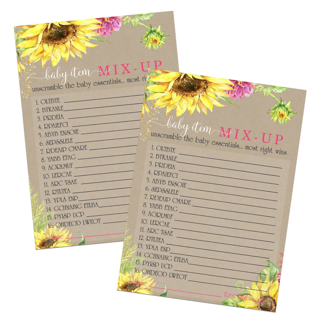 Sunflower Baby Shower Word Scramble Game - 25 Pack, Gender Neutral Themed Designs, Unique Favors and Fun Unscramble Activities