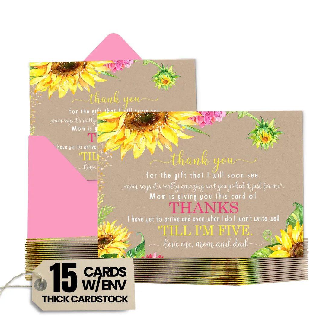 Sunflower Baby Shower Thank You Cards - Rustic Neutral (15 Pack) with Pink Envelopes, 4x6