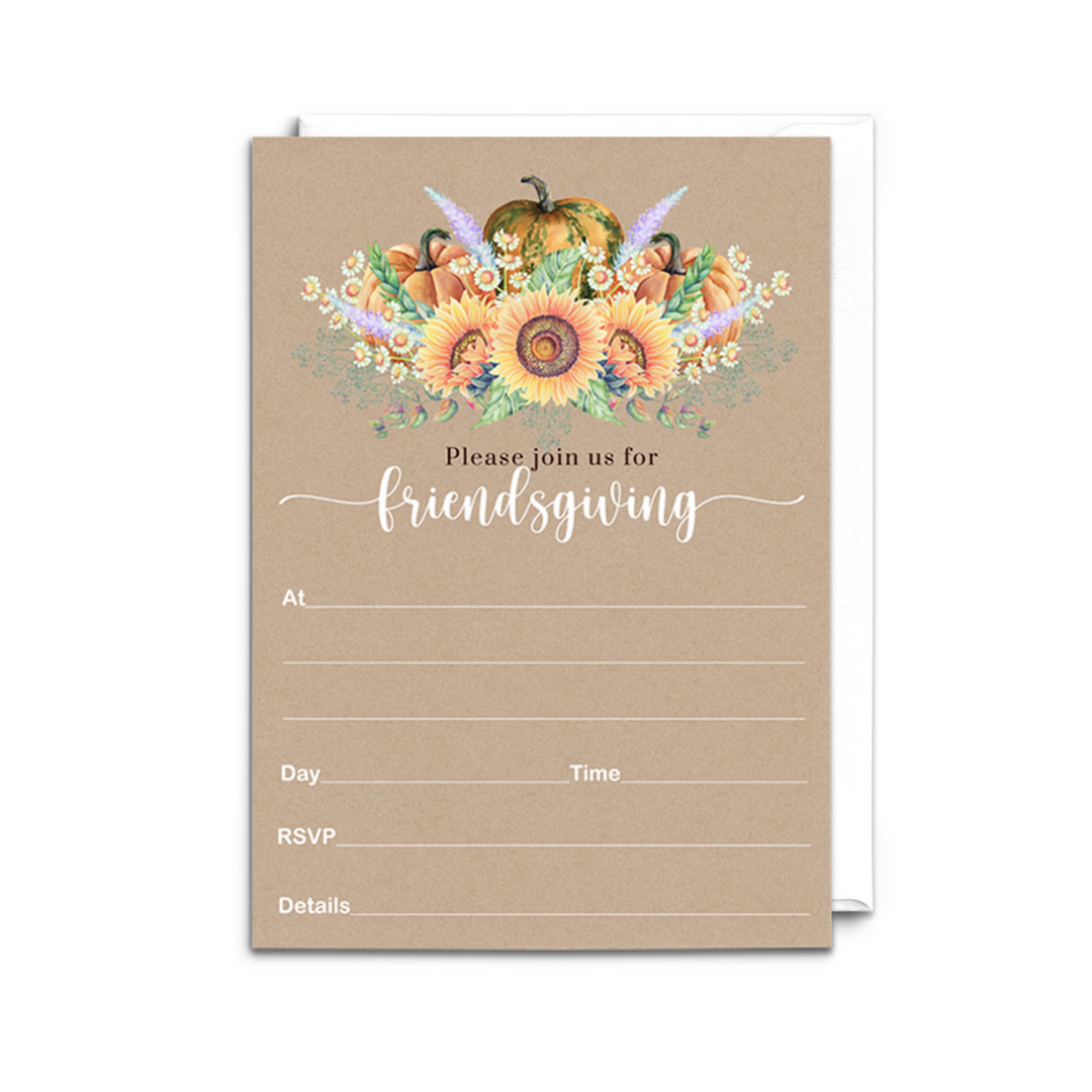 Autumn Harvest Sunflower Friendsgiving Invitations - Blank 5x7 Cards (15 Pack) - Paper Clever Party