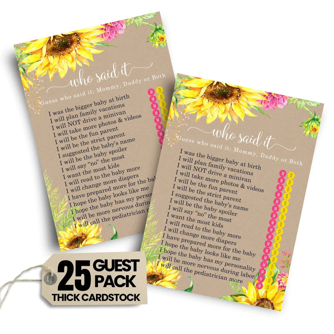 Sunflower Mommy or Daddy Baby Shower Game - 25 Pack Guess Which Parent Activity Cards, Rustic Gender Reveal Autumn Flower Themed, Printed 4x6 Set