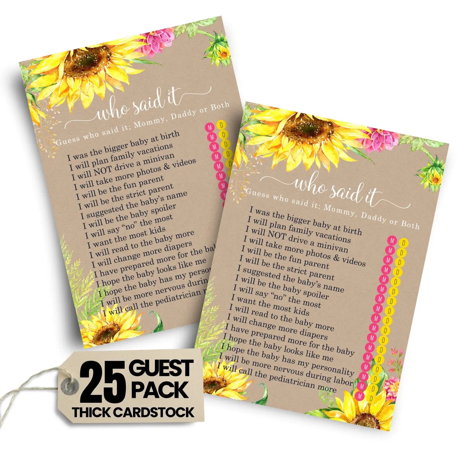 Sunflower mommy or daddy baby shower game - 25 pack guess which parent activity cards rustic gender reveal autumn