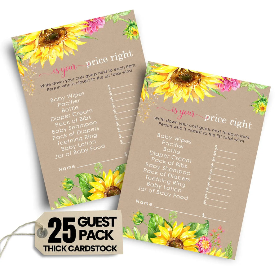 Sunflower guess the price baby shower games – 25 guests rustic fall flower themed activities for girls pink and yellow
