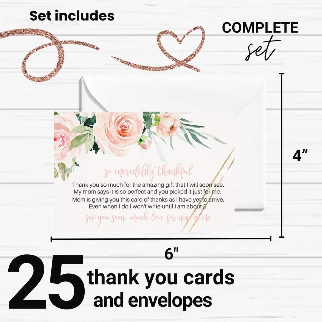 Graceful Floral Baby Shower Thank You Cards for Girls – Notecards (Pack of 25)