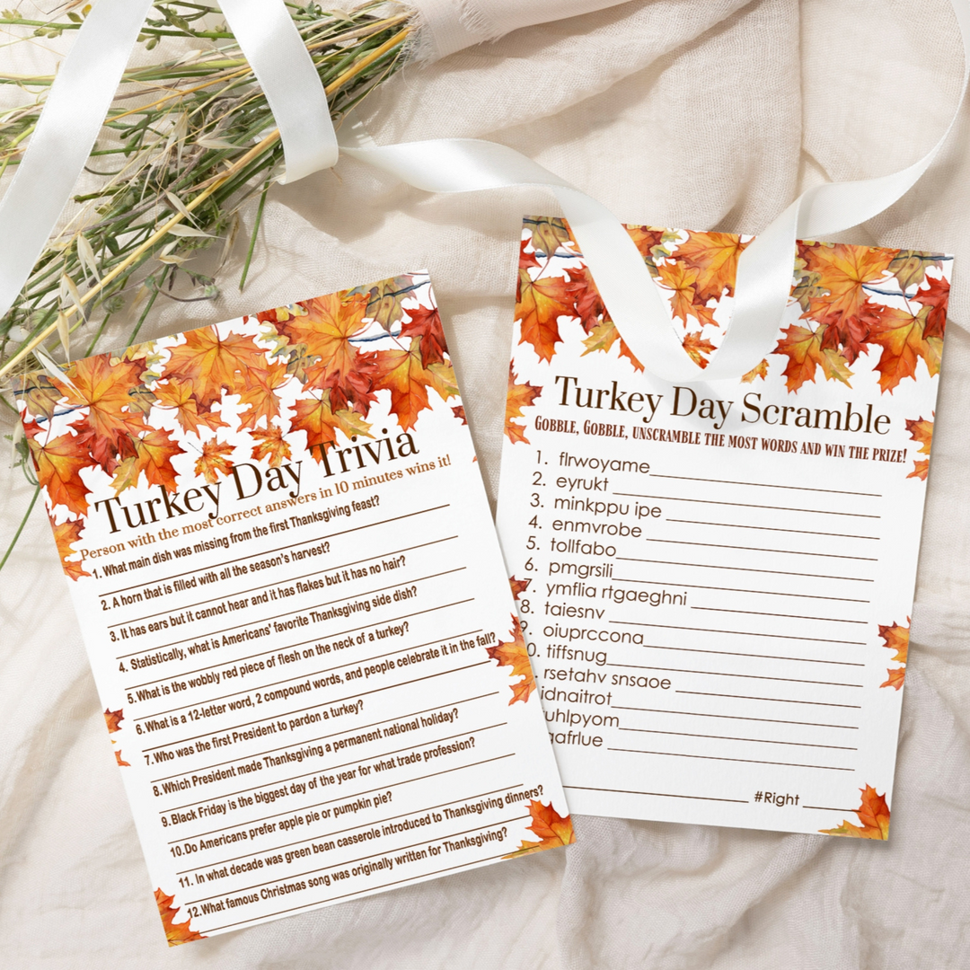 Pumpkin-Themed Thanksgiving Trivia & Word Game Bundle - 2-in-1 Turkey Dinner Word Scramble - 25 Guests - Paper Clever Party