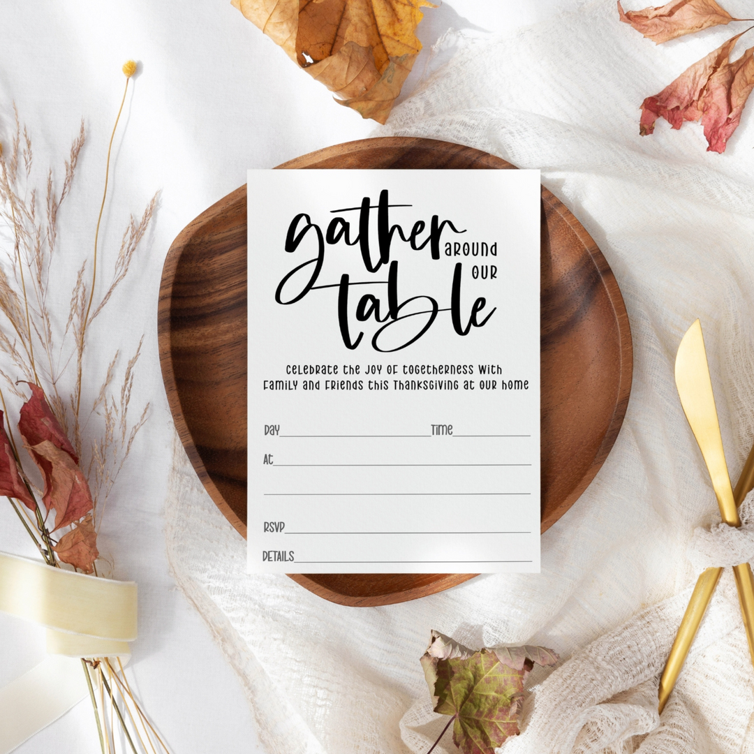 Modern Calligraphy Thanksgiving Invitations with Envelopes - 20 Pack - Gather Around Our Table Friendsgiving - Paper Clever Party