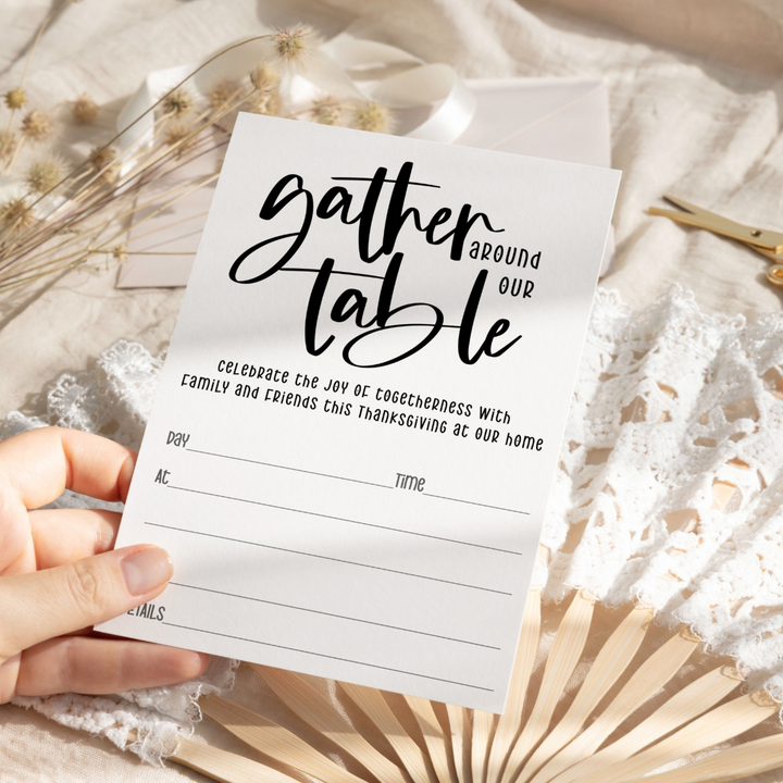 Modern Calligraphy Thanksgiving Invitations with Envelopes - 20 Pack - Gather Around Our Table Friendsgiving - Paper Clever Party