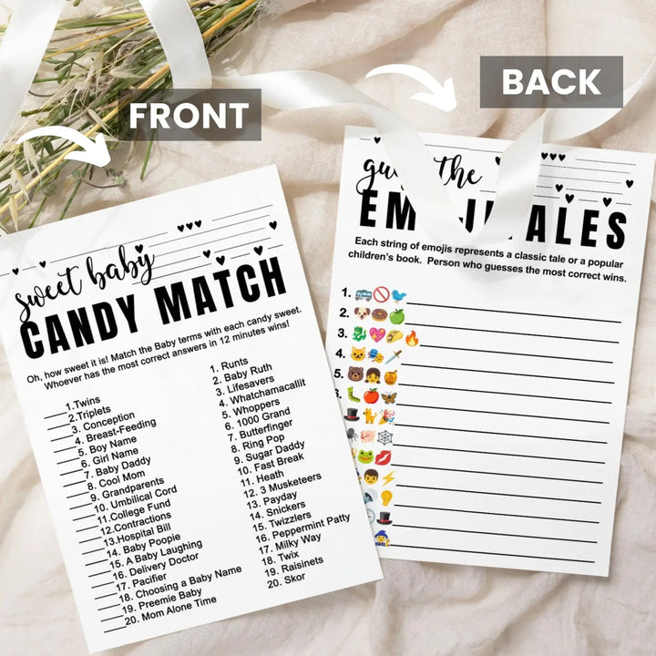 Sophisticated 2-in-1 Baby Shower Game Bundle - Match the Candy Bar & Guess the Storybook - 25 Pack