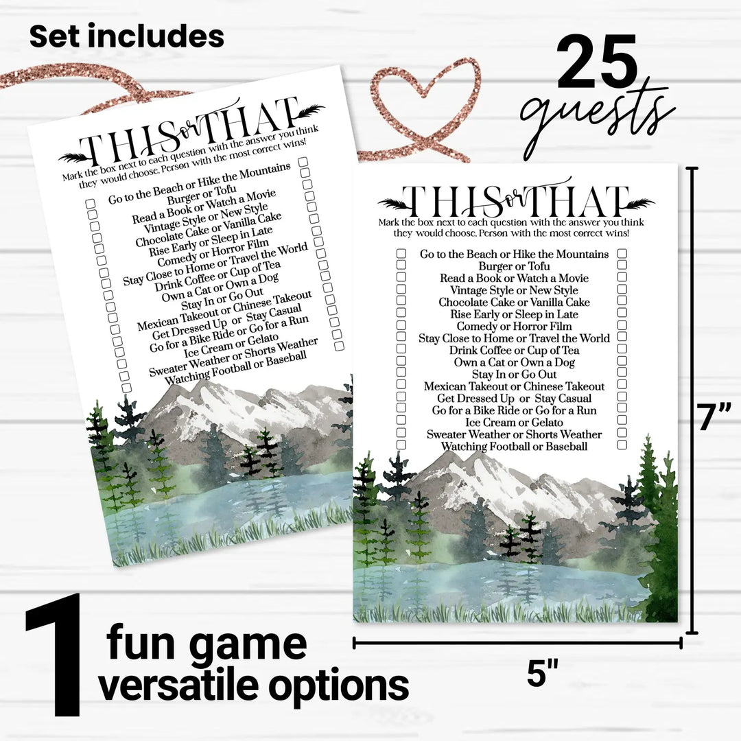 Adventure Bridal Shower Games - Would She Rather Bridal Shower Game, Fun This or That for Graduation Party, Rehearsal Dinner, Birthday Girl or Boy, Mountain Design, 25 Card Pack