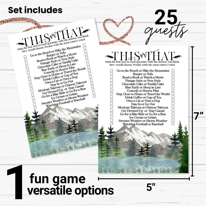 Adventure Bridal Shower Games - Would She Rather Bridal Shower Game, Fun This or That for Graduation Party, Rehearsal Dinner, Birthday Girl or Boy, Mountain Design, 25 Card Pack