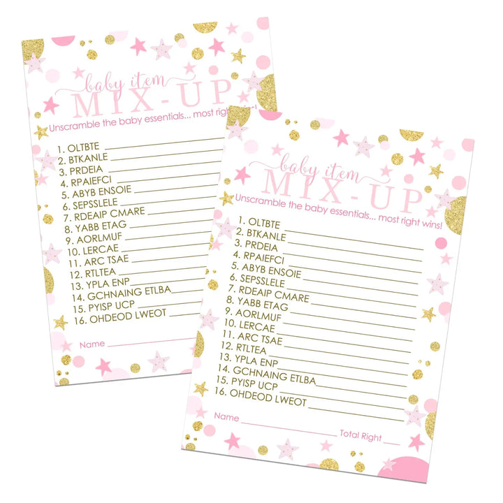 Twinkle Little Star Girl Baby Shower Games - Word Scramble Activities for Guests, Pink and Gold Celestial Decorations, 25 Cards