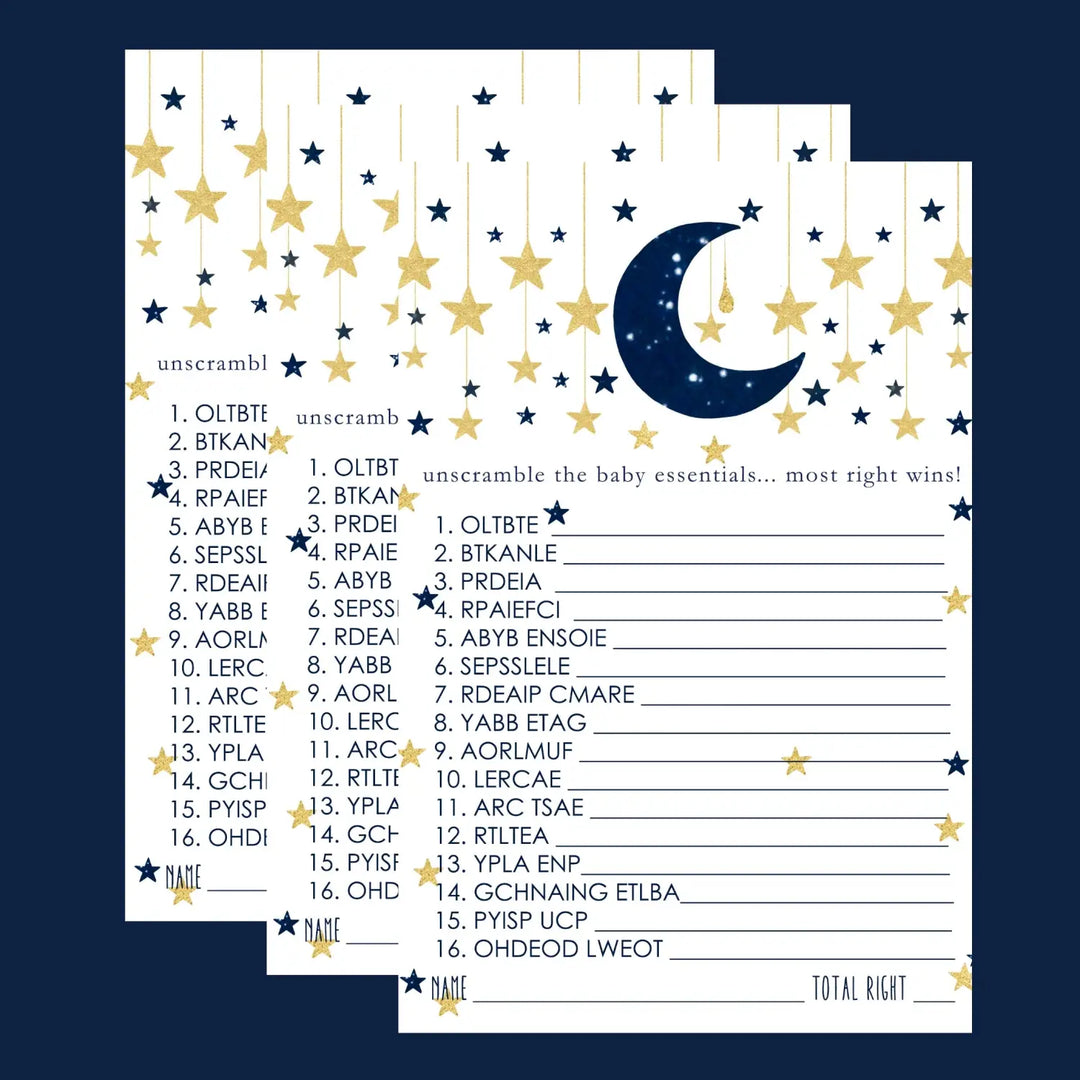 Twinkle Little Star Boy Baby Shower Games - Word Scramble Activities for Guests, Celestial Theme Decorations, Blue and Gold Favors, 25 Cards