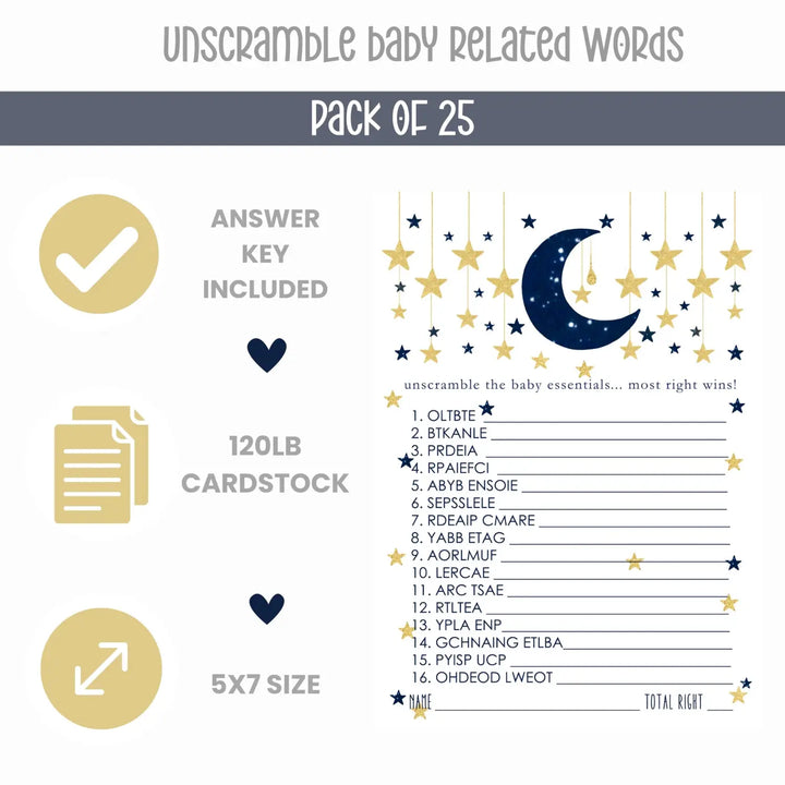 Twinkle Little Star Boy Baby Shower Games - Word Scramble Activities for Guests, Celestial Theme Decorations, Blue and Gold Favors, 25 Cards