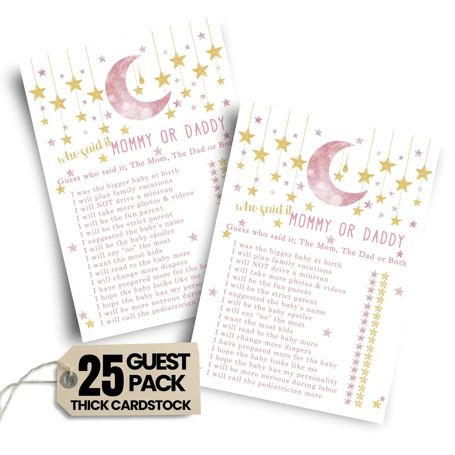 Twinkle little star baby shower game mommy or daddy - 25 pack guess who activity cards pink and gold celestial moon