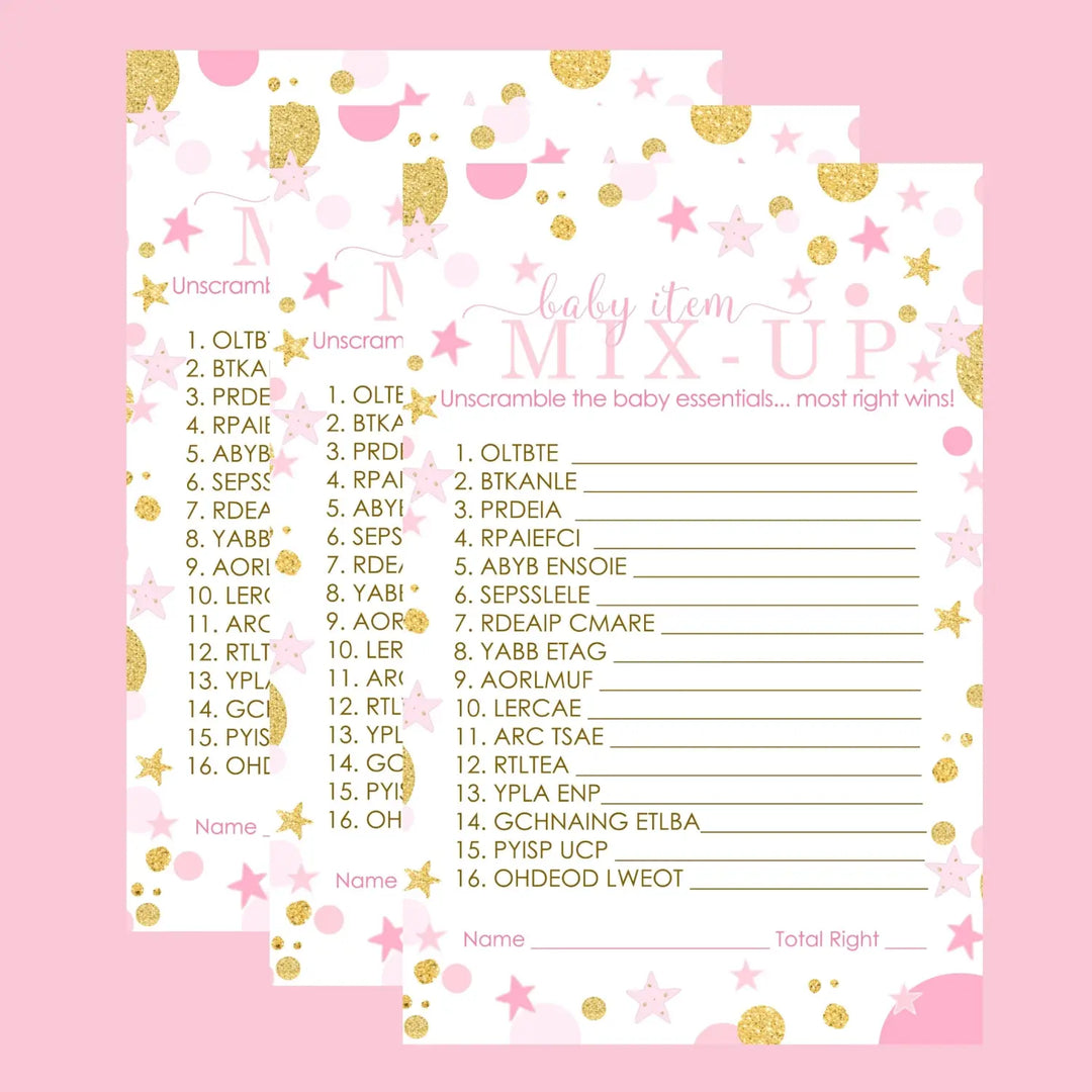 Twinkle Little Star Girl Baby Shower Games - Word Scramble Activities for Guests, Pink and Gold Celestial Decorations, 25 Cards