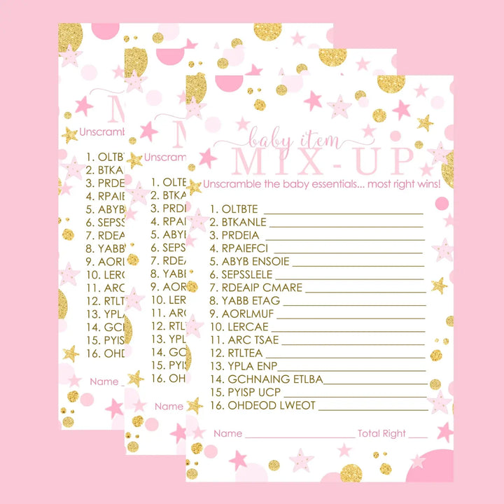 Twinkle Little Star Girl Baby Shower Games - Word Scramble Activities for Guests, Pink and Gold Celestial Decorations, 25 Cards