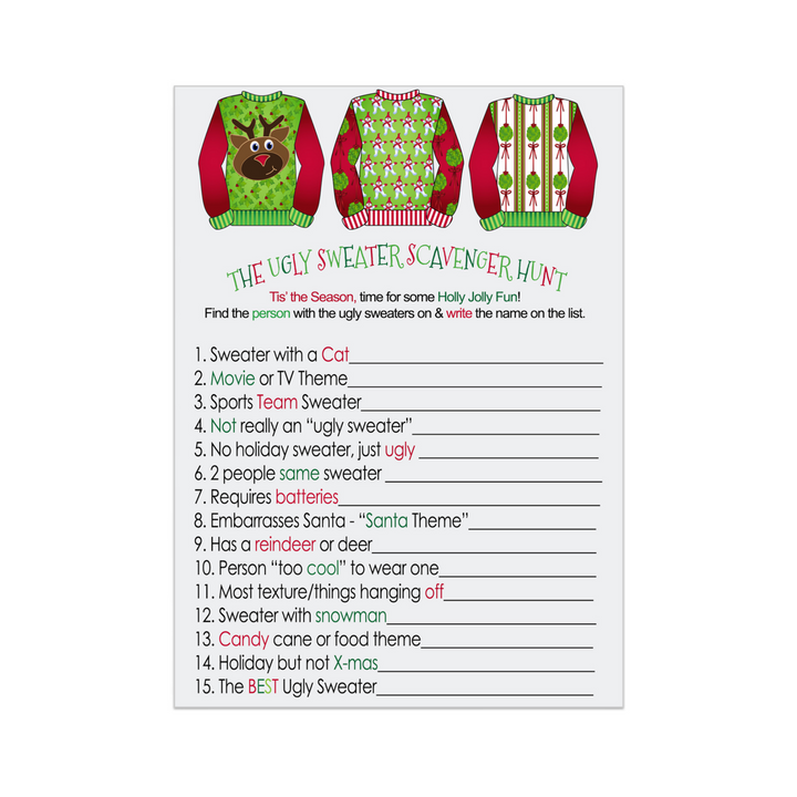 Ugly Sweater Scavenger Game for Christmas Party, Fun Holiday Scavenger Hunt Adults, Festive Fun Activity, 25 Guests, 4x6 - Paper Clever Party