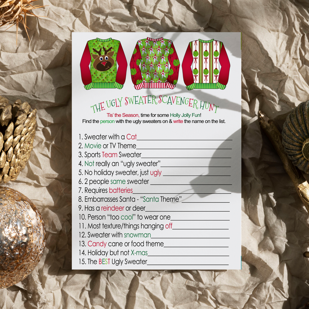 Ugly Sweater Scavenger Game for Christmas Party, Fun Holiday Scavenger Hunt Adults, Festive Fun Activity, 25 Guests, 4x6 - Paper Clever Party