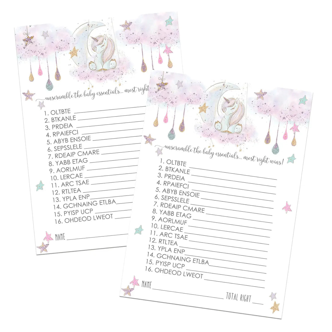 Unicorn Baby Shower Games Word Scramble - 25 Cards, Fun Unscramble Activities for Girl Baby Shower Decorations and Favors