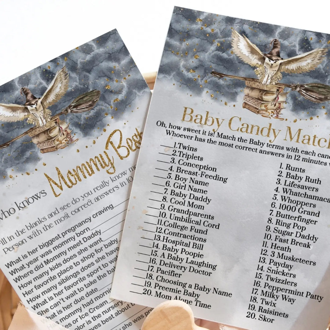 Magic Owl Baby Shower Game Set, Black & Gold Wizard Theme, Candy Bar and Mommy Best