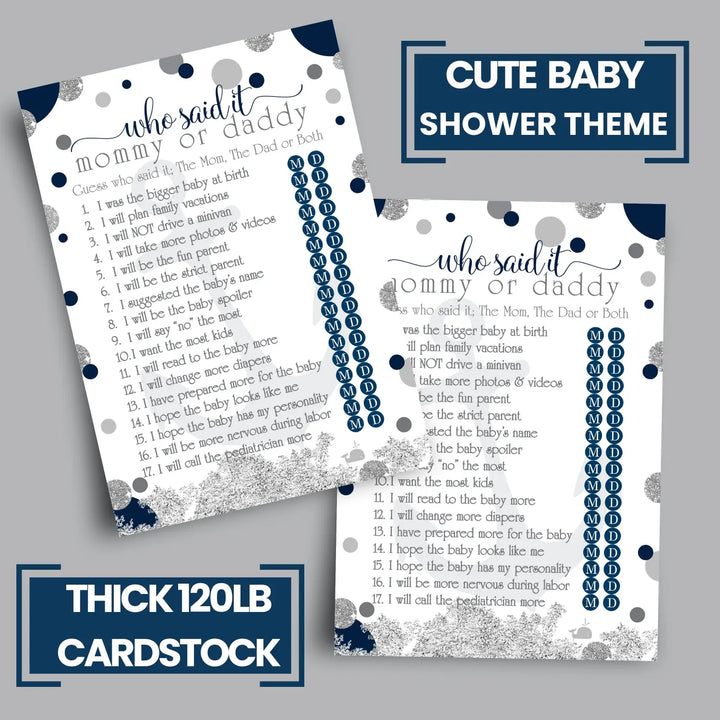 Nautical Mommy or Daddy Baby Shower Game - 25 Pack Guess Which Parent Activity Cards, Ahoy Anchor Themed Blue and Grey Favors, Printed 5x7 Set