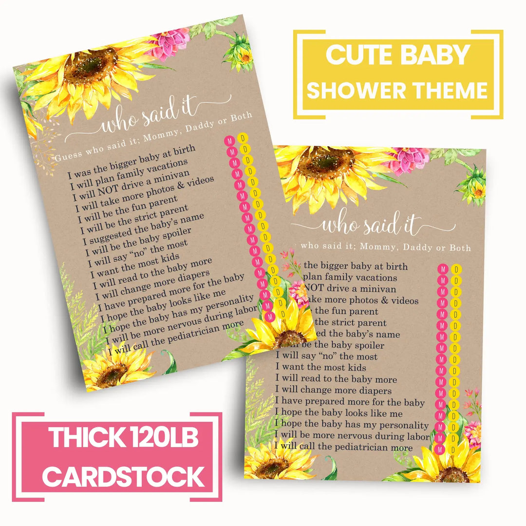 Sunflower Mommy or Daddy Baby Shower Game - 25 Pack Guess Which Parent Activity Cards, Rustic Gender Reveal Autumn Flower Themed, Printed 4x6 Set