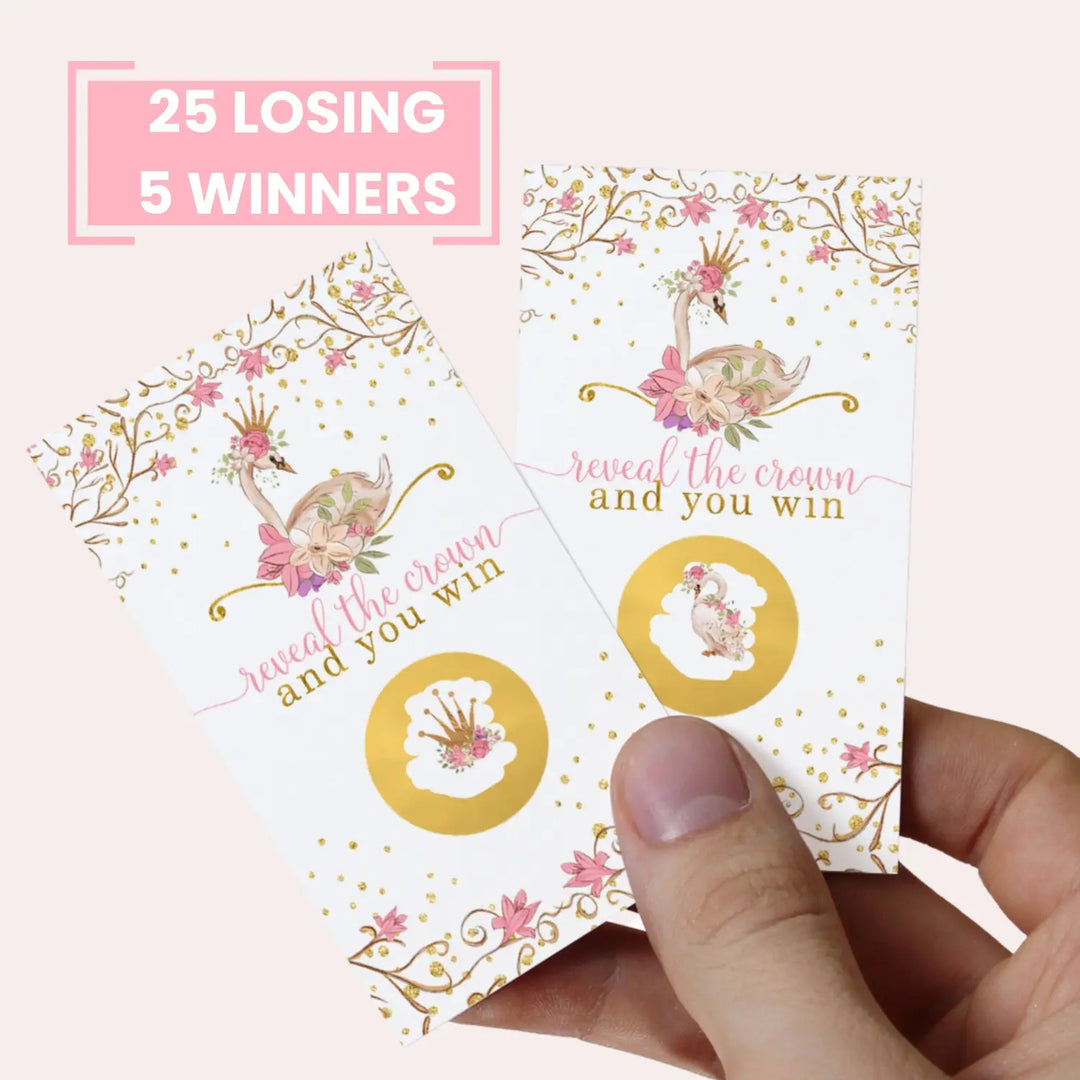 Swan Princess Baby Shower Games for Girl - 30 Cards - Fun Scratch Off Game Guest Activities to Reveal Prizes Favors Ideas Enchanting Theme Pink and Gold