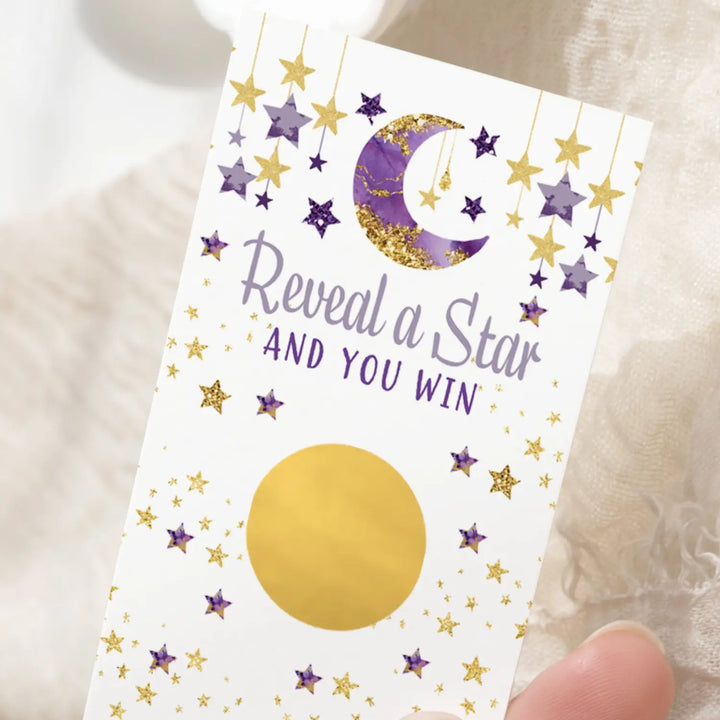 Twinkle Little Star Baby Shower Games for Girl - 30 Cards - Fun Scratch Off Game Guest Activities to Reveal Prizes Favors Ideas Purple and Gold Theme