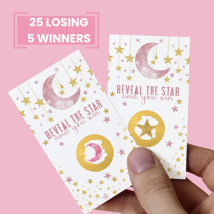 Twinkle Little Star Baby Shower Games Girls - 30 Cards - Fun Scratch Off Game for Guest Prizes, Activities and Favors Ideas, Pink and Gold Theme