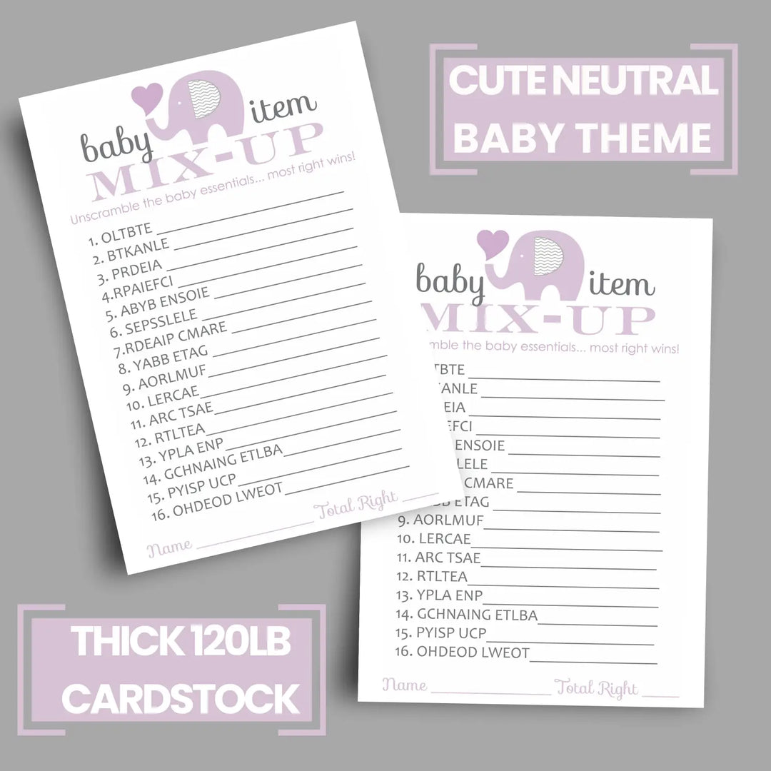 Purple Elephant Baby Shower Word Scramble Game