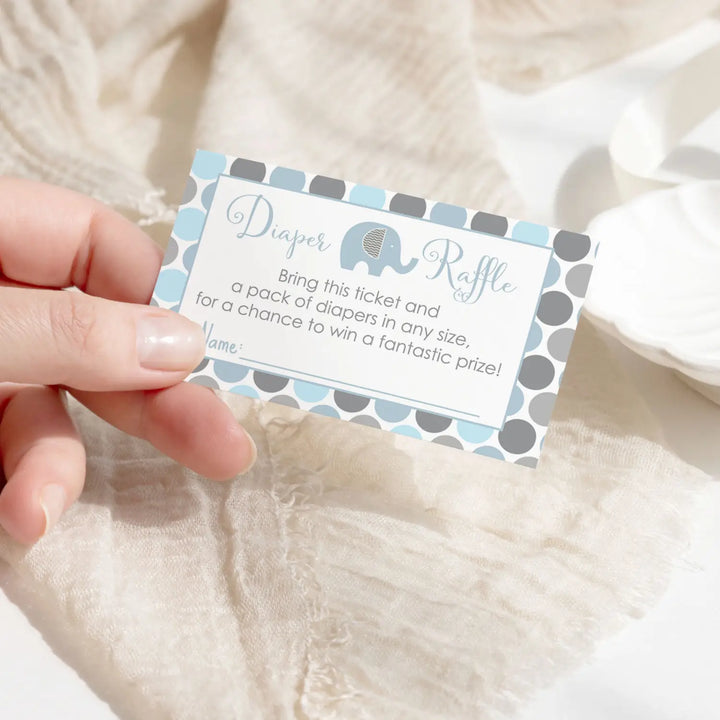 Blue Elephant Diaper Raffle Tickets - Baby Shower Game Inserts by Paper Clever Party, 25 Pack, 2x3.5