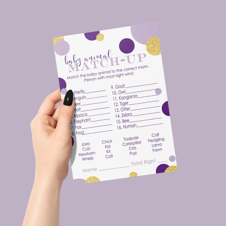 Purple and Gold Baby Shower Game Animal Matching (25 Pack)