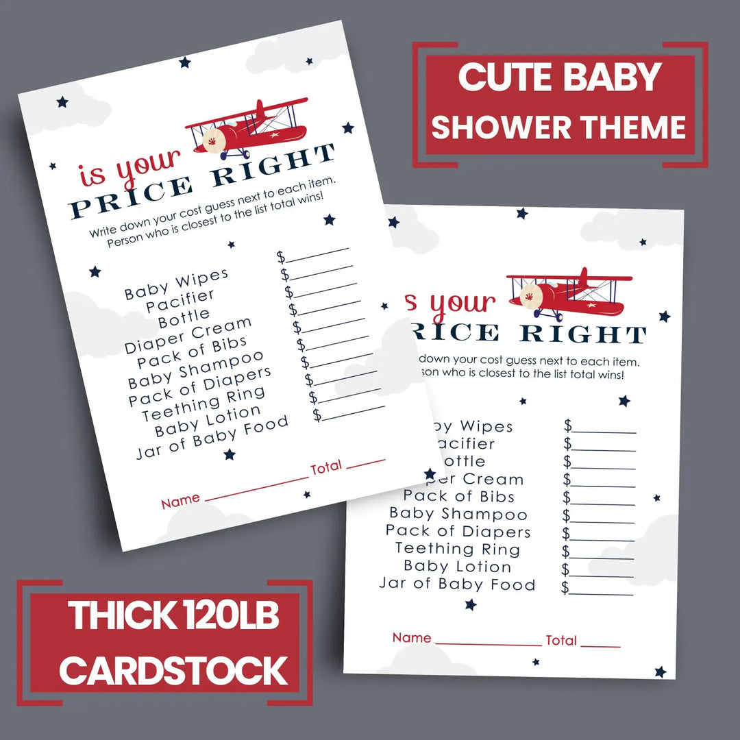 Airplane Guess the Price Baby Shower Games – 25 Guests, Adventure Themed Activities for Boys, Red and Blue 4x6 Card Set