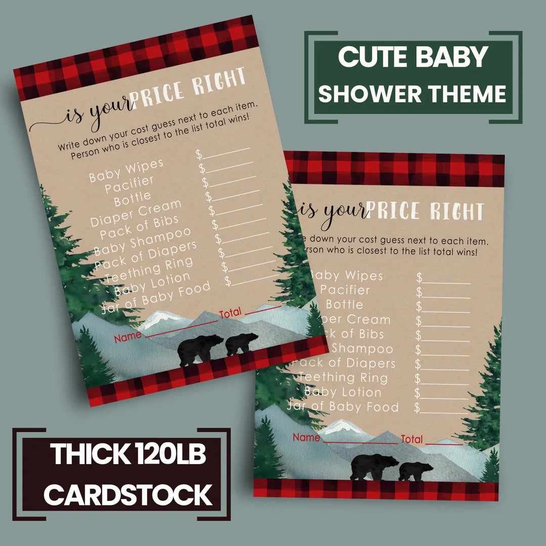 Lumberjack Guess the Price Baby Shower Games – 25 Guests, Rustic Bear Themed Activities for Boys, Red and Black Plaid 4x6 Card Set